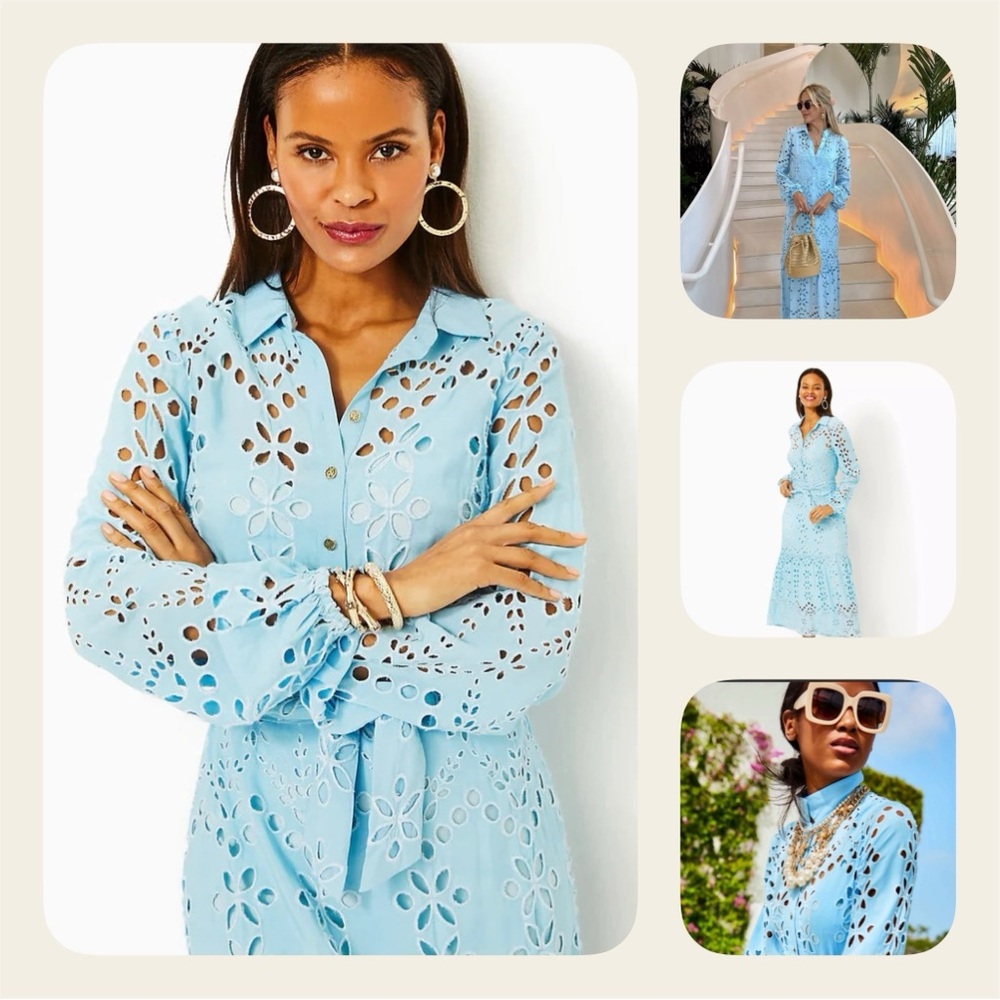 LILLY PULITZER Zia Long Sleeve Eyelet Midi Dress in Hydra Blue - Picture 2 of 16